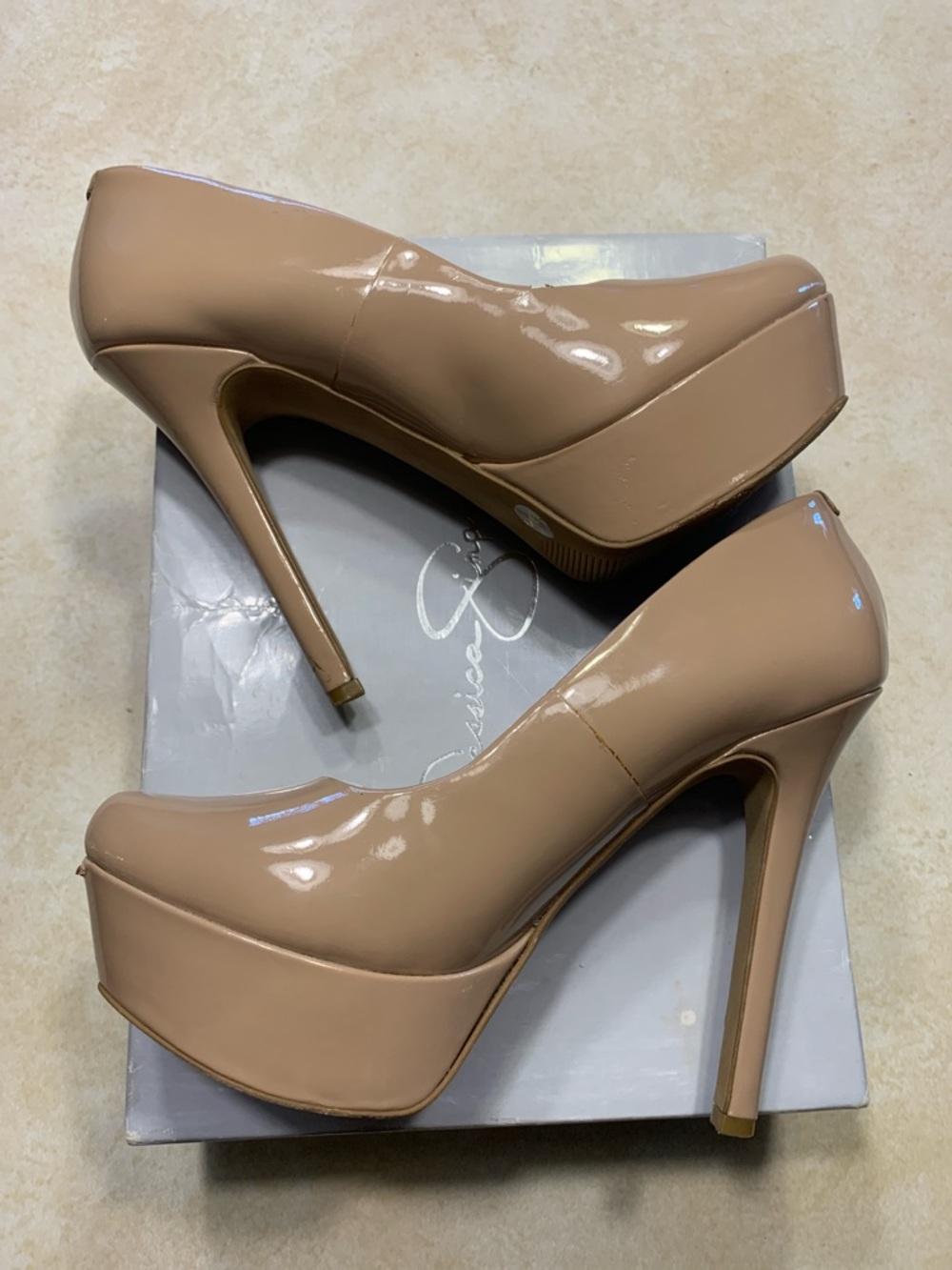 Jessica Simpson Prom Platform Nude Beige Patent Leather Heels